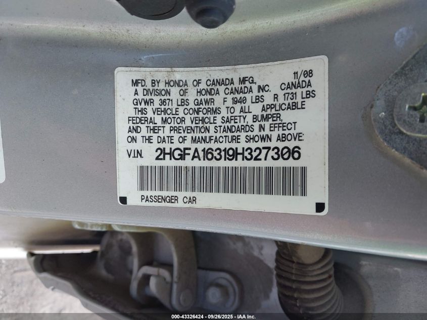 2009 Honda Civic Vp VIN: 2HGFA16319H327306 Lot: 43326424