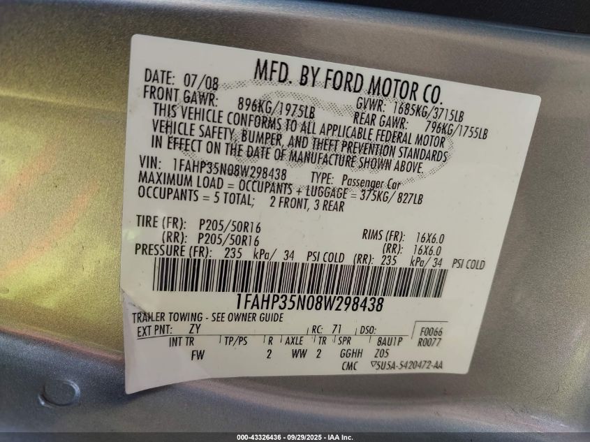 2008 Ford Focus Se/Ses VIN: 1FAHP35N08W298438 Lot: 43326436