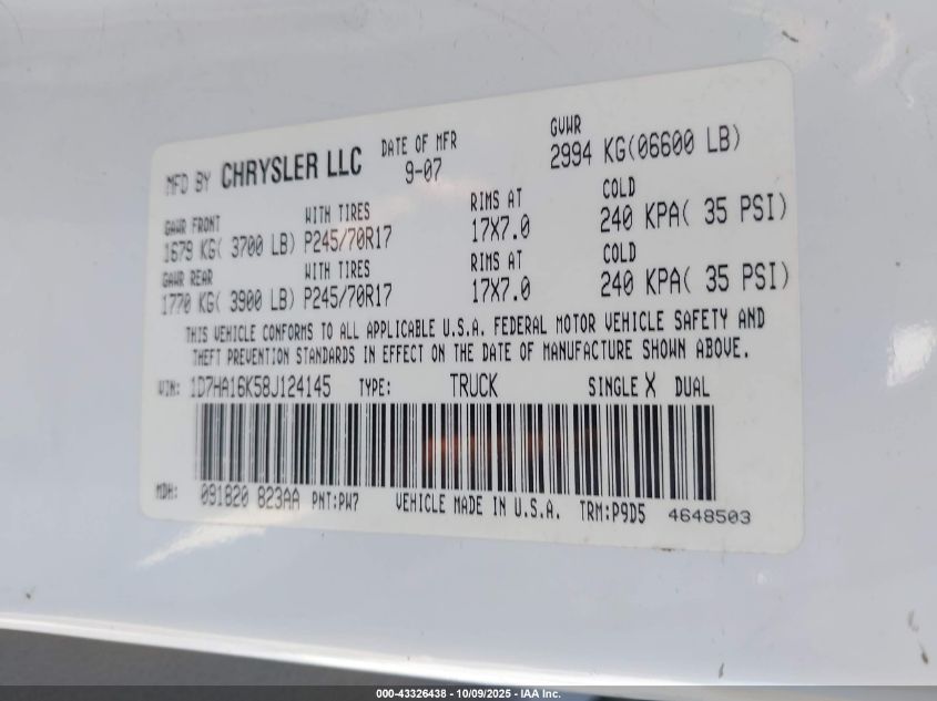 2008 Dodge Ram 1500 St/Sxt VIN: 1D7HA16K58J124145 Lot: 43326438
