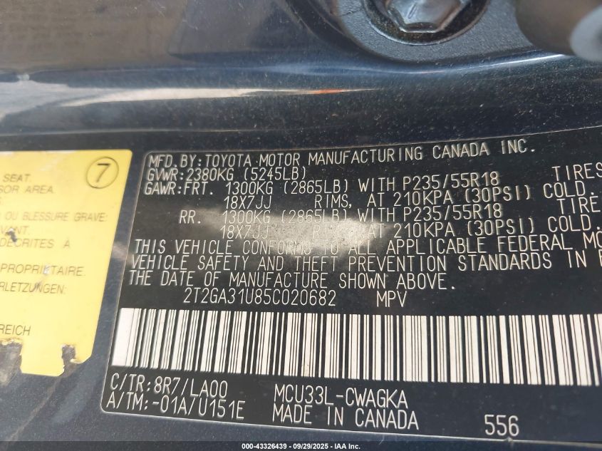 2005 Lexus Rx 330 VIN: 2T2GA31U85C020682 Lot: 43326439