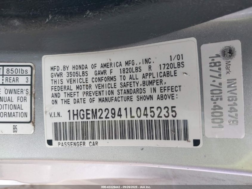 2001 Honda Civic Ex VIN: 1HGEM22941L045235 Lot: 43326442