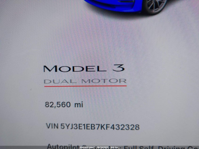 2019 Tesla Model 3 Long Range/Performance VIN: 5YJ3E1EB7KF432328 Lot: 43326447