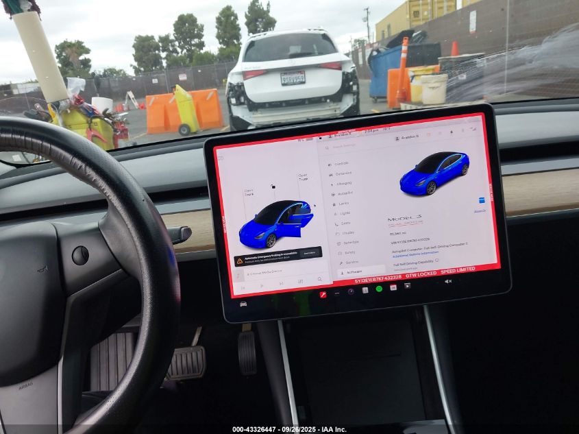 2019 Tesla Model 3 Long Range/Performance VIN: 5YJ3E1EB7KF432328 Lot: 43326447