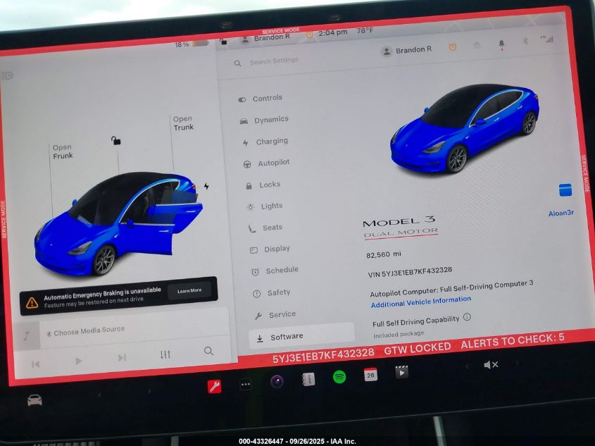 2019 Tesla Model 3 Long Range/Performance VIN: 5YJ3E1EB7KF432328 Lot: 43326447