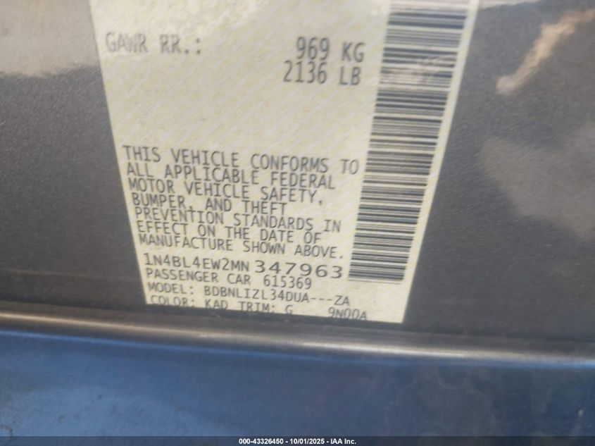 2021 Nissan Altima Sl Intelligent Awd VIN: 1N4BL4EW2MN347963 Lot: 43326450