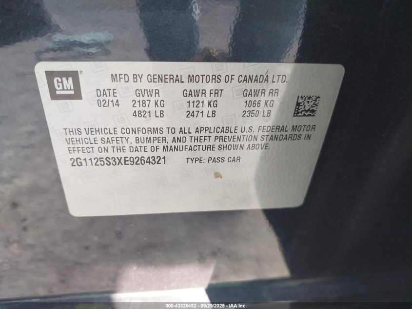 2014 Chevrolet Impala 2Lt VIN: 2G1125S3XE9264321 Lot: 43326452