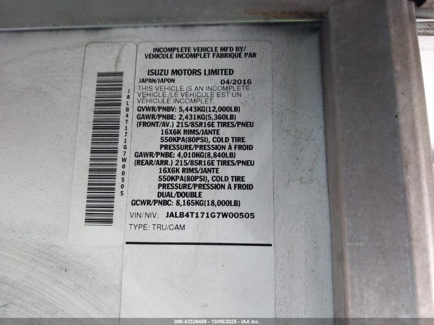 2016 Isuzu Npr VIN: JALB4T171G7W00505 Lot: 43326456