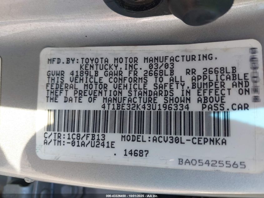 2003 Toyota Camry Le VIN: 4T1BE32K43U196334 Lot: 43326458