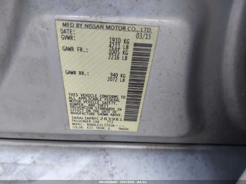 2015 Nissan Altima 2.5/2.5 S/2.5 Sl/2.5 Sv VIN: 1N4AL3AP8FC283981 Lot: 43326468