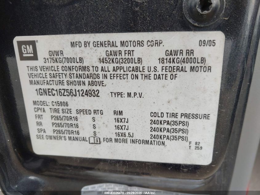 2006 Chevrolet Suburban 1500 Ls VIN: 1GNEC16Z56J124932 Lot: 43326478