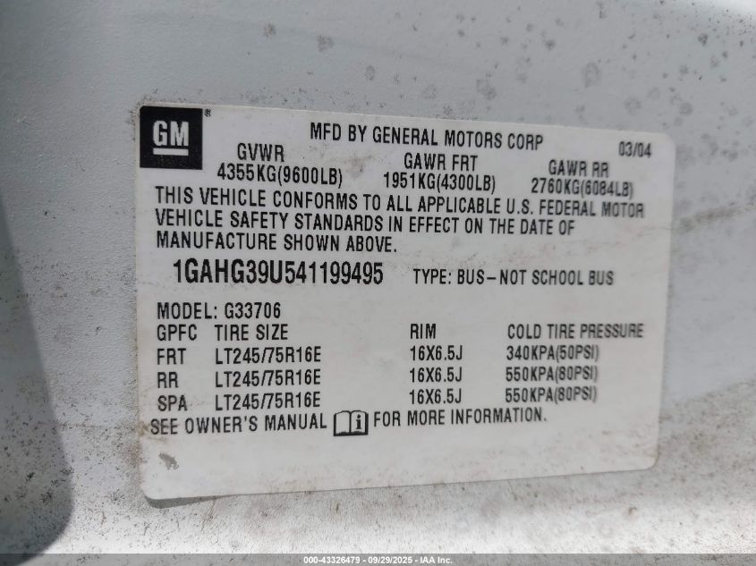 2004 Chevrolet Express VIN: 1GAHG39U541199495 Lot: 43326479