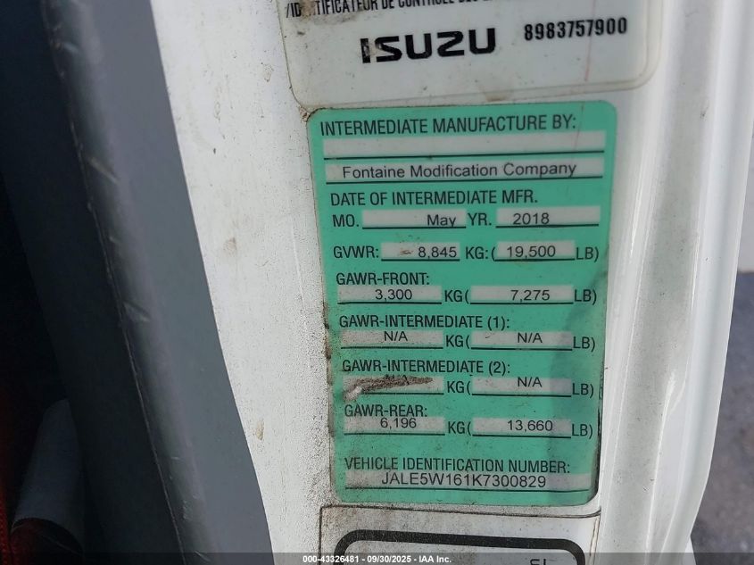 2019 Isuzu Nrr VIN: JALE5W161K7300829 Lot: 43326481