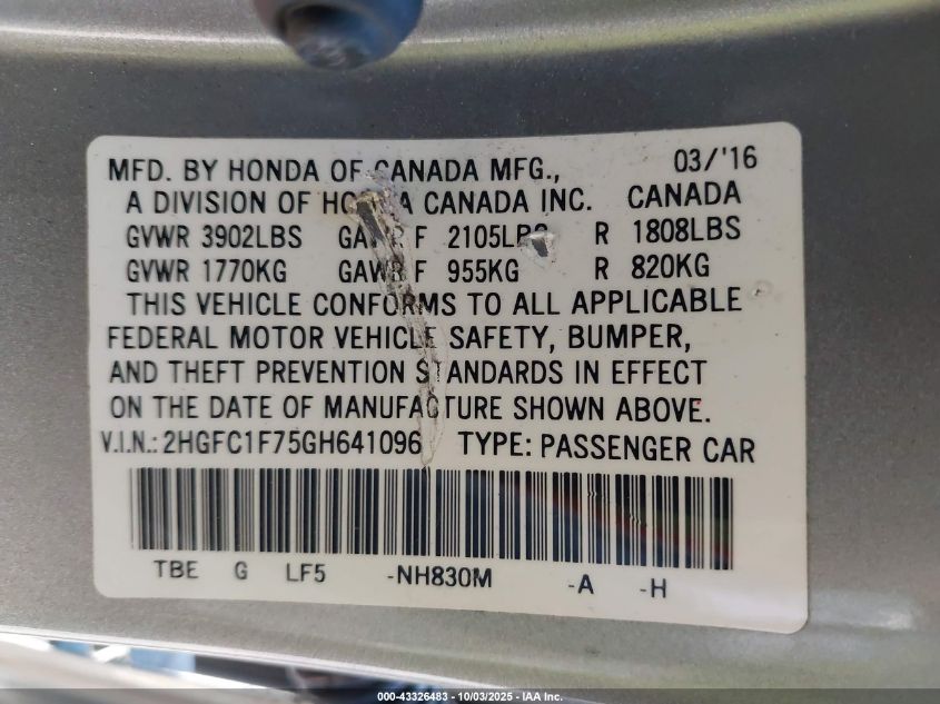 2016 Honda Civic Ex-L VIN: 2HGFC1F75GH641096 Lot: 43326483