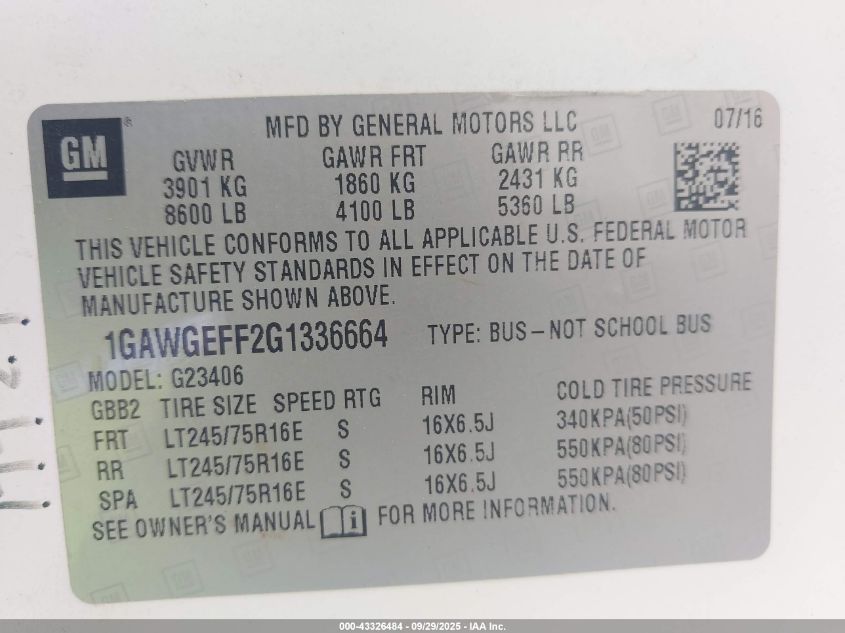 2016 Chevrolet Express 2500 Ls VIN: 1GAWGEFF2G1336664 Lot: 43326484