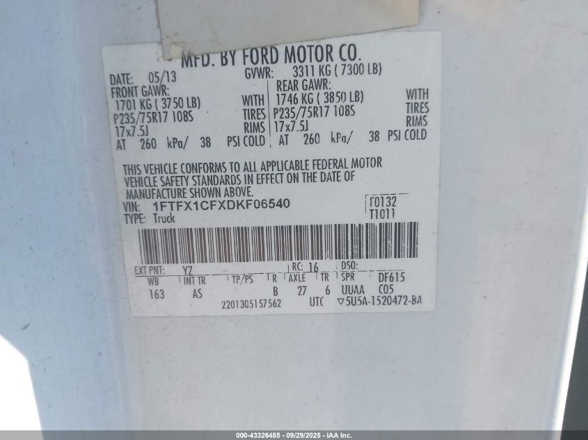 2013 Ford F-150 Xl VIN: 1FTFX1CFXDKF06540 Lot: 43326485