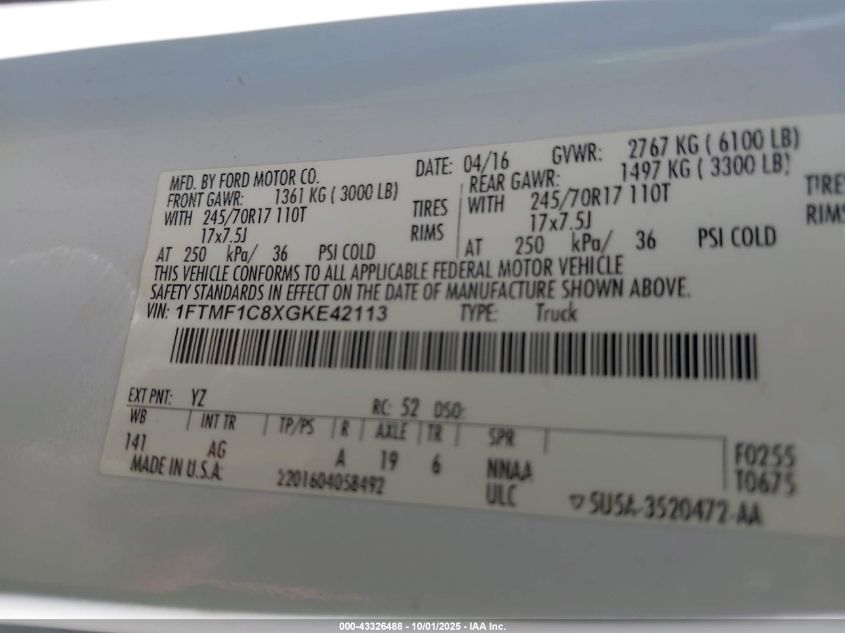 2016 Ford F-150 Xl VIN: 1FTMF1C8XGKE42113 Lot: 43326488