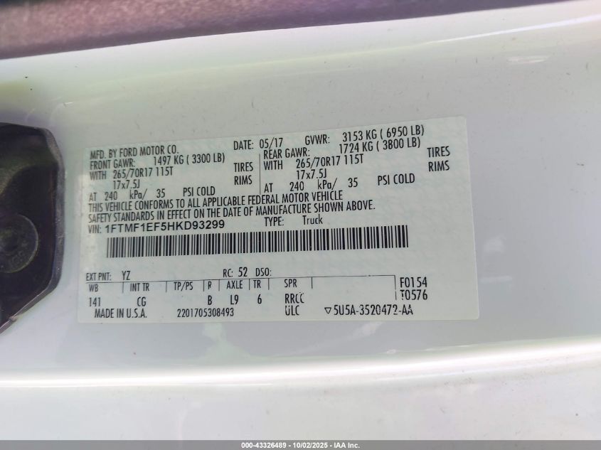 2017 Ford F-150 Xl VIN: 1FTMF1EF5HKD93299 Lot: 43326489