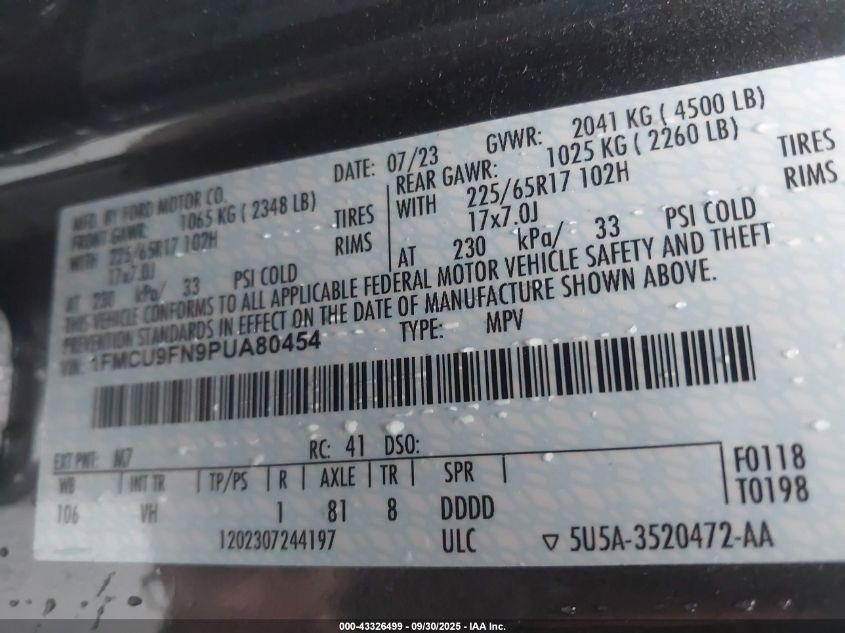 2023 Ford Escape VIN: 1FMCU9FN9PUA80454 Lot: 43326499