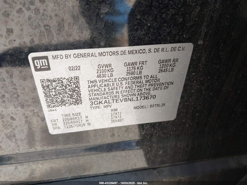 2022 GMC Terrain Awd Sle VIN: 3GKALTEV8NL173670 Lot: 43326497