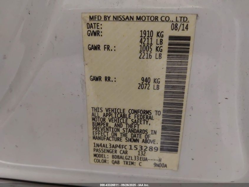 2015 Nissan Altima 2.5 S VIN: 1N4AL3AP4FC153289 Lot: 43326511