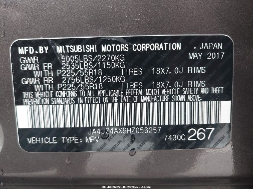 2017 Mitsubishi Outlander Gt VIN: JA4JZ4AX9HZ056257 Lot: 43326522