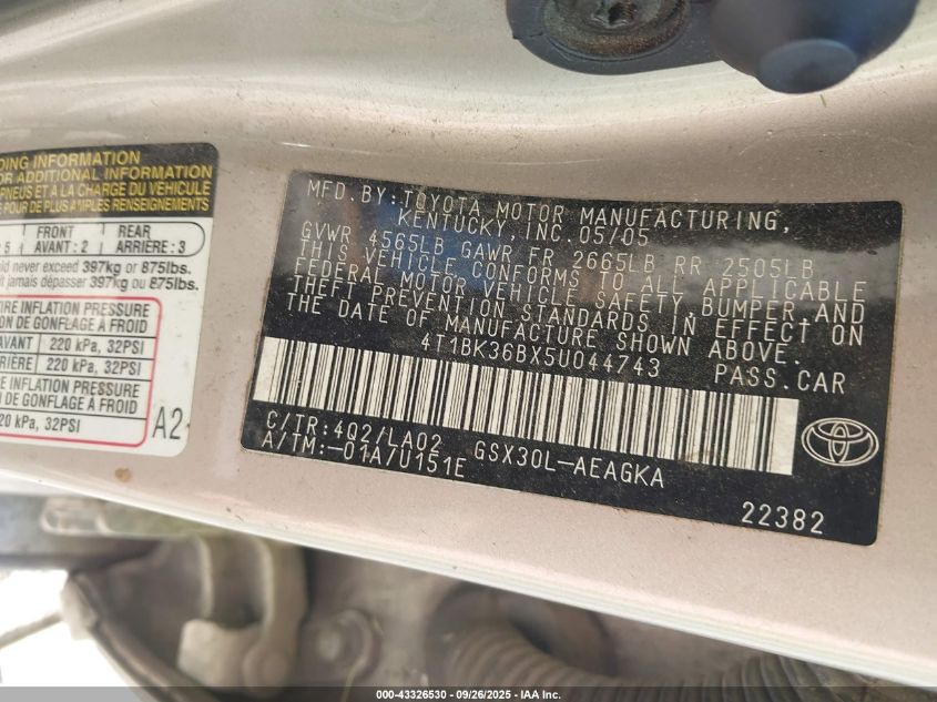 2005 Toyota Avalon Xls VIN: 4T1BK36BX5U044743 Lot: 43326530