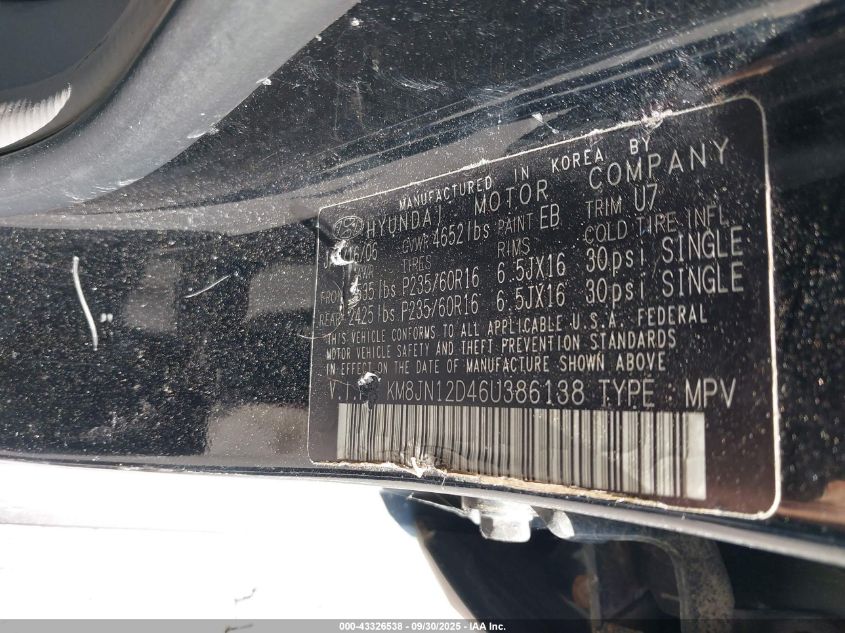 2006 Hyundai Tucson Gls/Limited VIN: KM8JN12D46U386138 Lot: 43326538