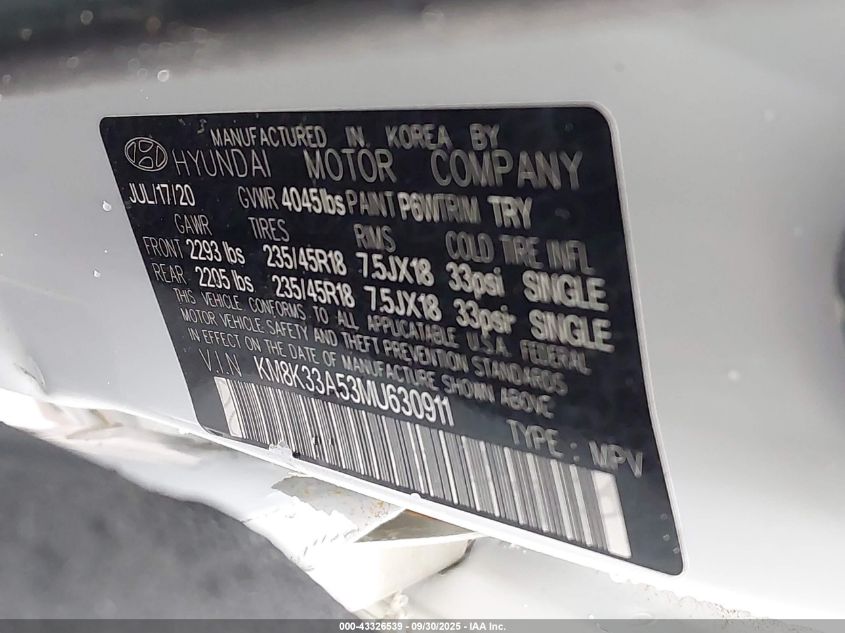 2021 Hyundai Kona Limited VIN: KM8K33A53MU630911 Lot: 43326539