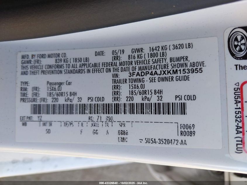 2019 Ford Fiesta S VIN: 3FADP4AJXKM153955 Lot: 43326540