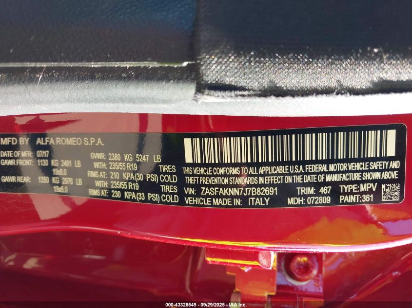 2018 Alfa Romeo Stelvio Ti Sport Awd VIN: ZASFAKNN7J7B82691 Lot: 43326549