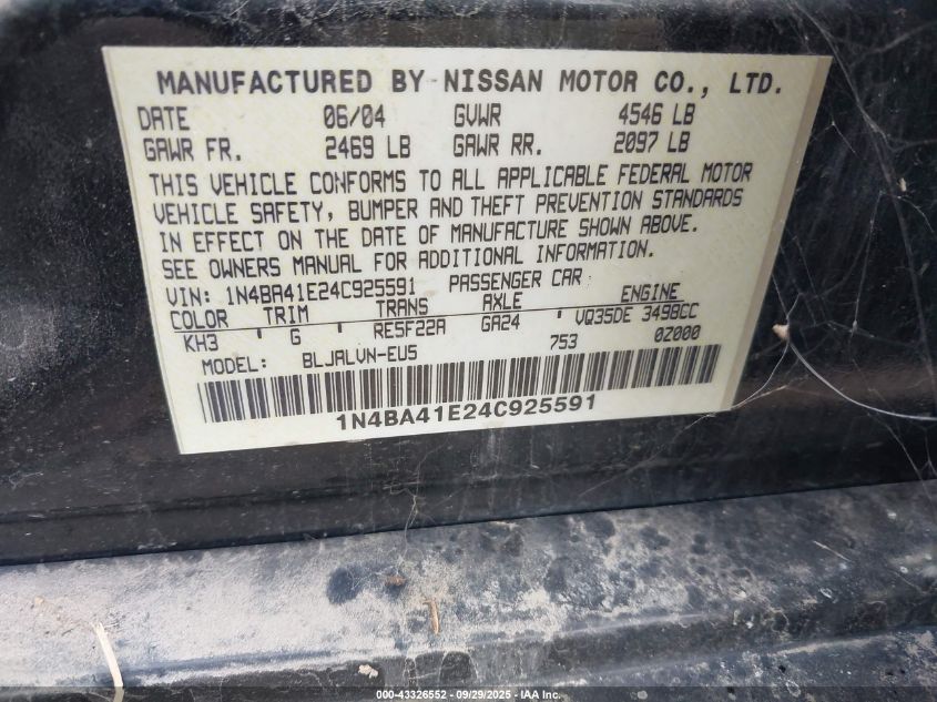 2004 Nissan Maxima 3.5 Se VIN: 1N4BA41E24C925591 Lot: 43326552