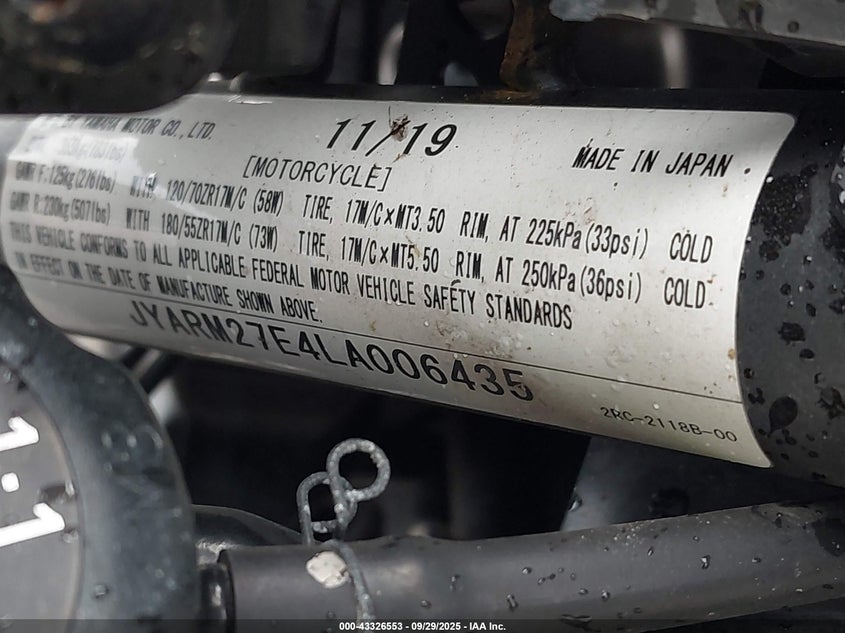 2020 Yamaha Mt07 VIN: JYARM27E4LA006435 Lot: 43326553