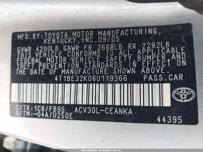 2006 Toyota Camry Le VIN: 4T1BE32K06U119366 Lot: 43326559