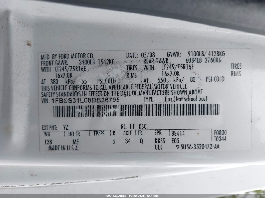 2008 Ford E-350 Super Duty Xl/Xlt VIN: 1FBSS31L08DB36795 Lot: 43326562