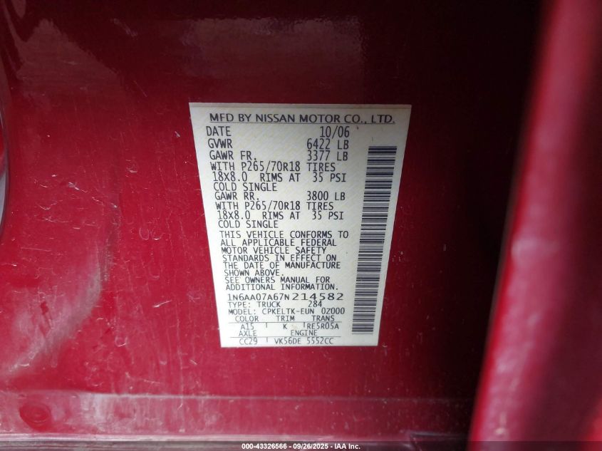 2007 Nissan Titan Se VIN: 1N6AA07A67N214582 Lot: 43326566