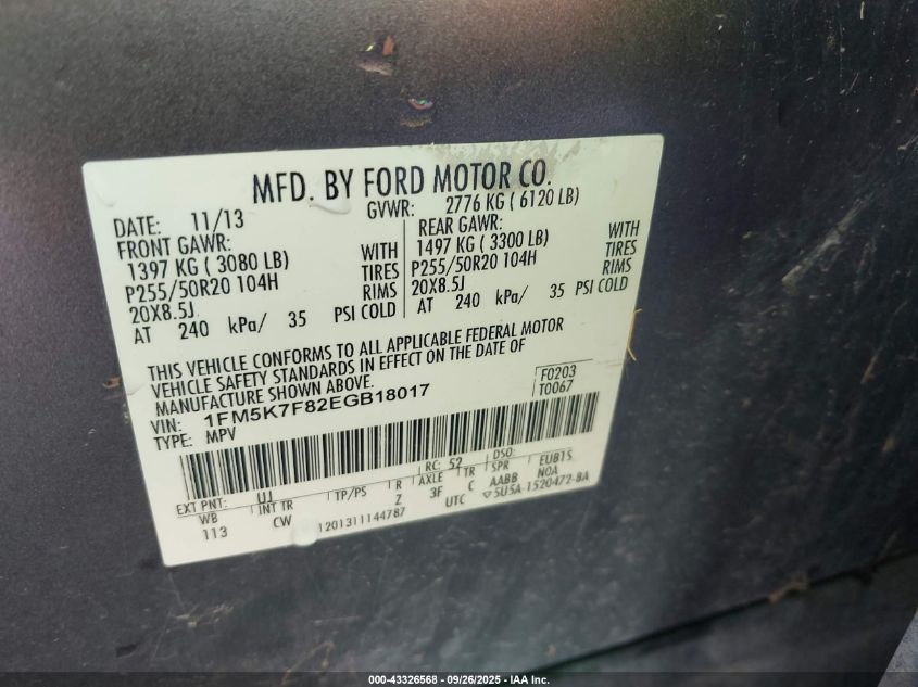 2014 Ford Explorer Limited VIN: 1FM5K7F82EGB18017 Lot: 43326568