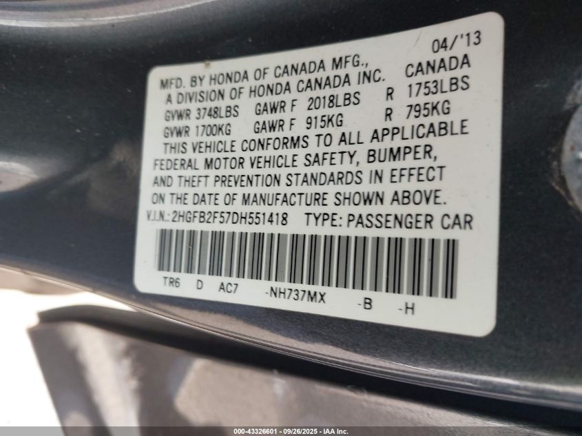 2013 Honda Civic Lx VIN: 2HGFB2F57DH551418 Lot: 43326601