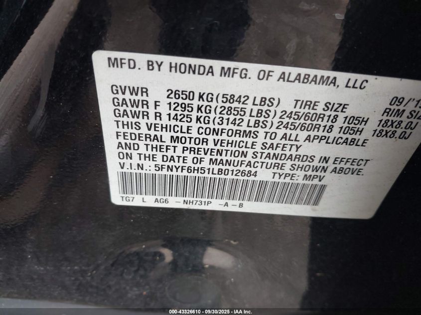 2020 Honda Pilot Awd Ex-L VIN: 5FNYF6H51LB012684 Lot: 43326610