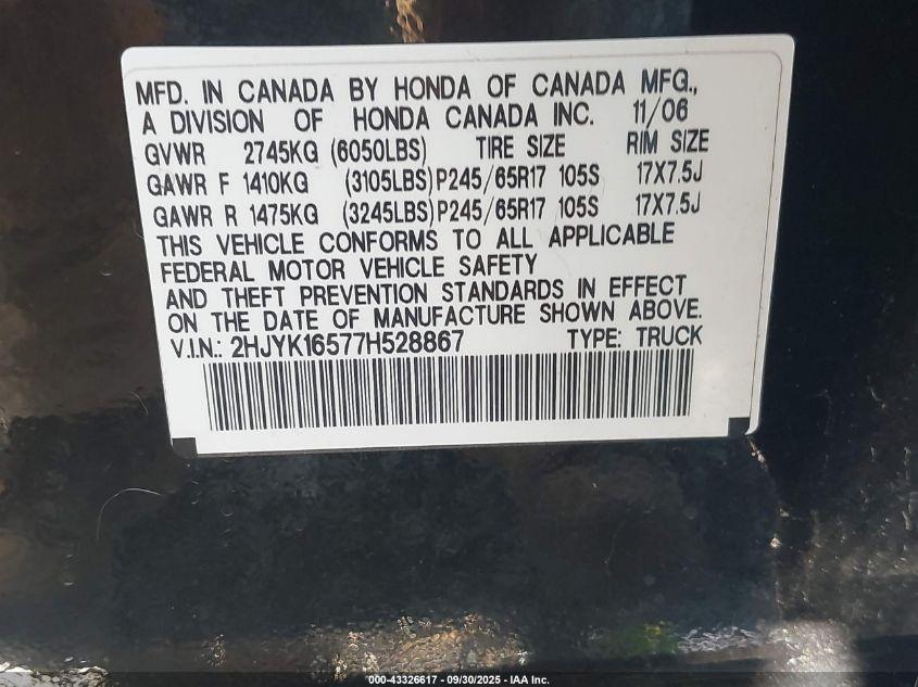 2007 Honda Ridgeline Rtl VIN: 2HJYK16577H528867 Lot: 43326617