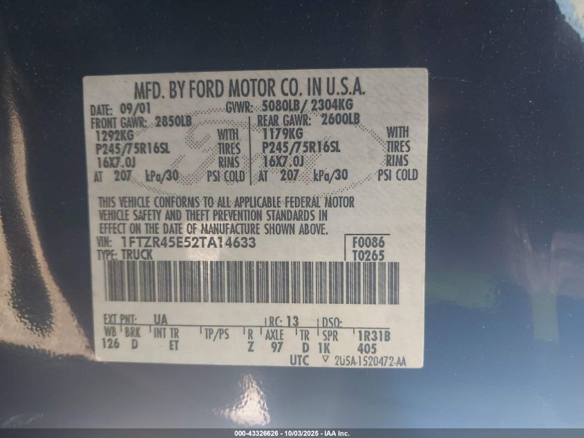 2002 Ford Ranger Edge/Xlt VIN: 1FTZR45E52TA14633 Lot: 43326626