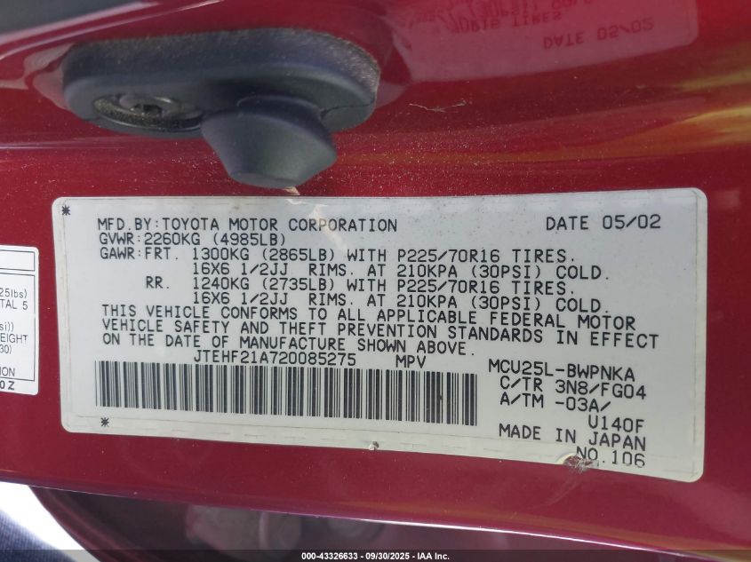 2002 Toyota Highlander V6 VIN: JTEHF21A720085275 Lot: 43326633