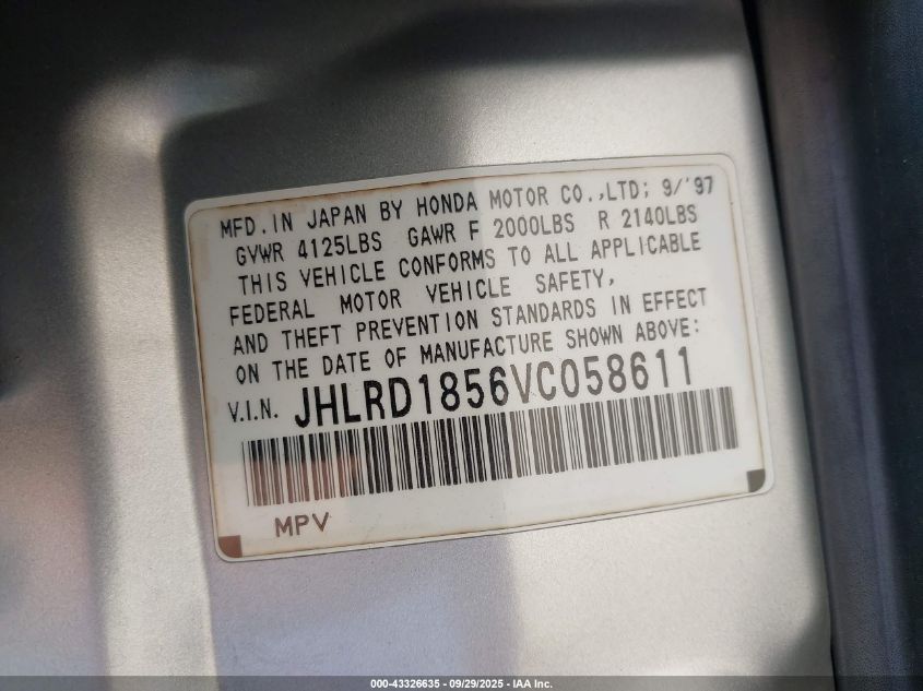 1997 Honda Cr-V VIN: JHLRD1856VC058611 Lot: 43326635