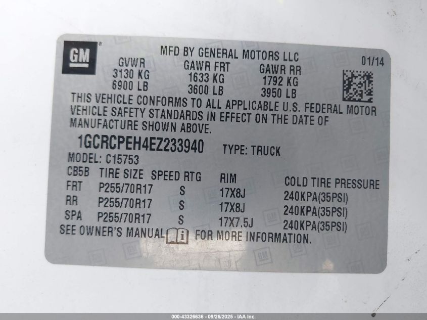 2014 Chevrolet Silverado 1500 Work Truck 1Wt VIN: 1GCRCPEH4EZ233940 Lot: 43326636