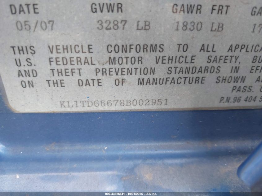 2008 Chevrolet Aveo 5 Ls VIN: KL1TD66678B002951 Lot: 43326641