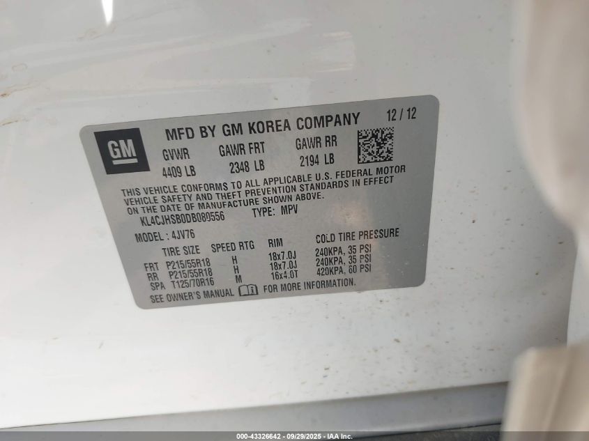 2013 Buick Encore Premium VIN: KL4CJHSB0DB080556 Lot: 43326642