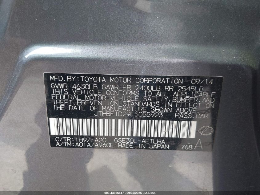 2015 Lexus Is 250 VIN: JTHBF1D29F5055923 Lot: 43326647