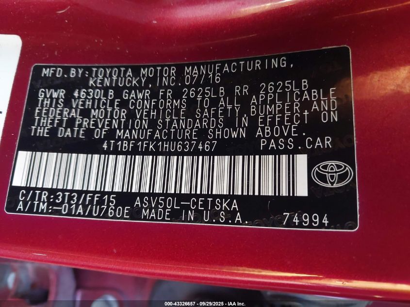 2017 Toyota Camry Se VIN: 4T1BF1FK1HU637467 Lot: 43326657