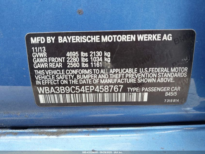 2014 BMW 335I xDrive VIN: WBA3B9C54EP458767 Lot: 43326659