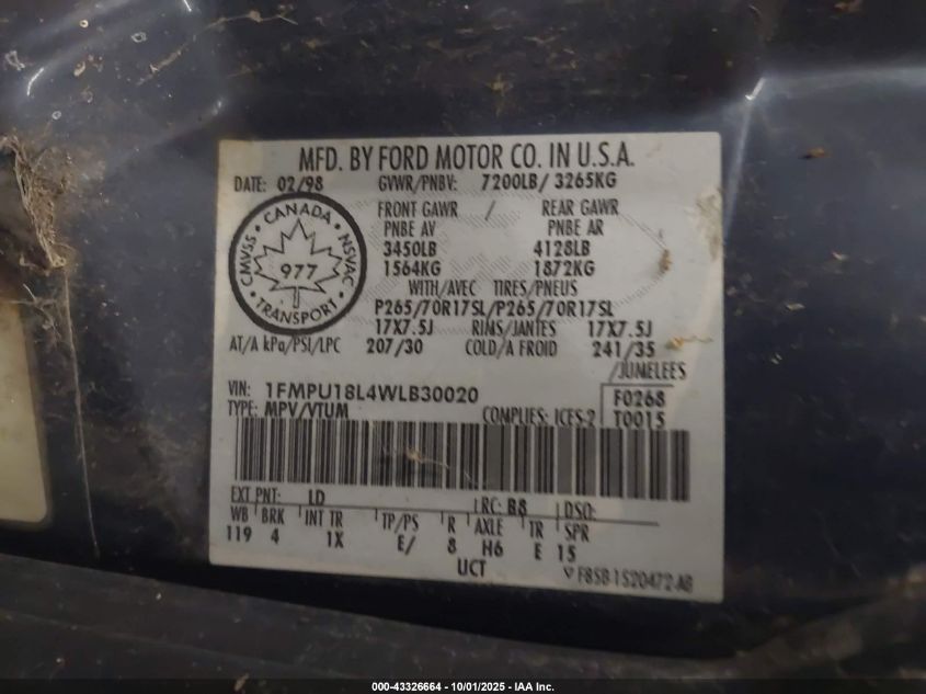 1998 Ford Expedition Eddie Bauer/Xlt VIN: 1FMPU18L4WLB30020 Lot: 43326664