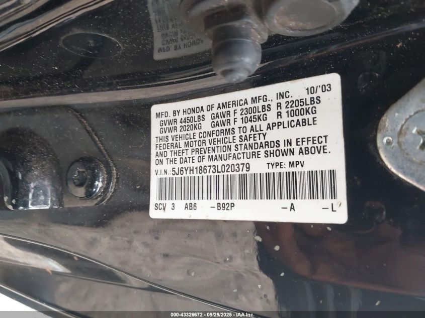 2003 Honda Element Ex VIN: 5J6YH18673L020379 Lot: 43326672